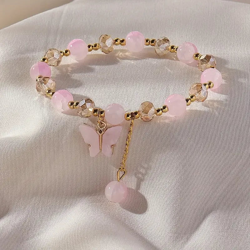 Purple Butterfly Charm Beaded Stretch Bracelet For Women