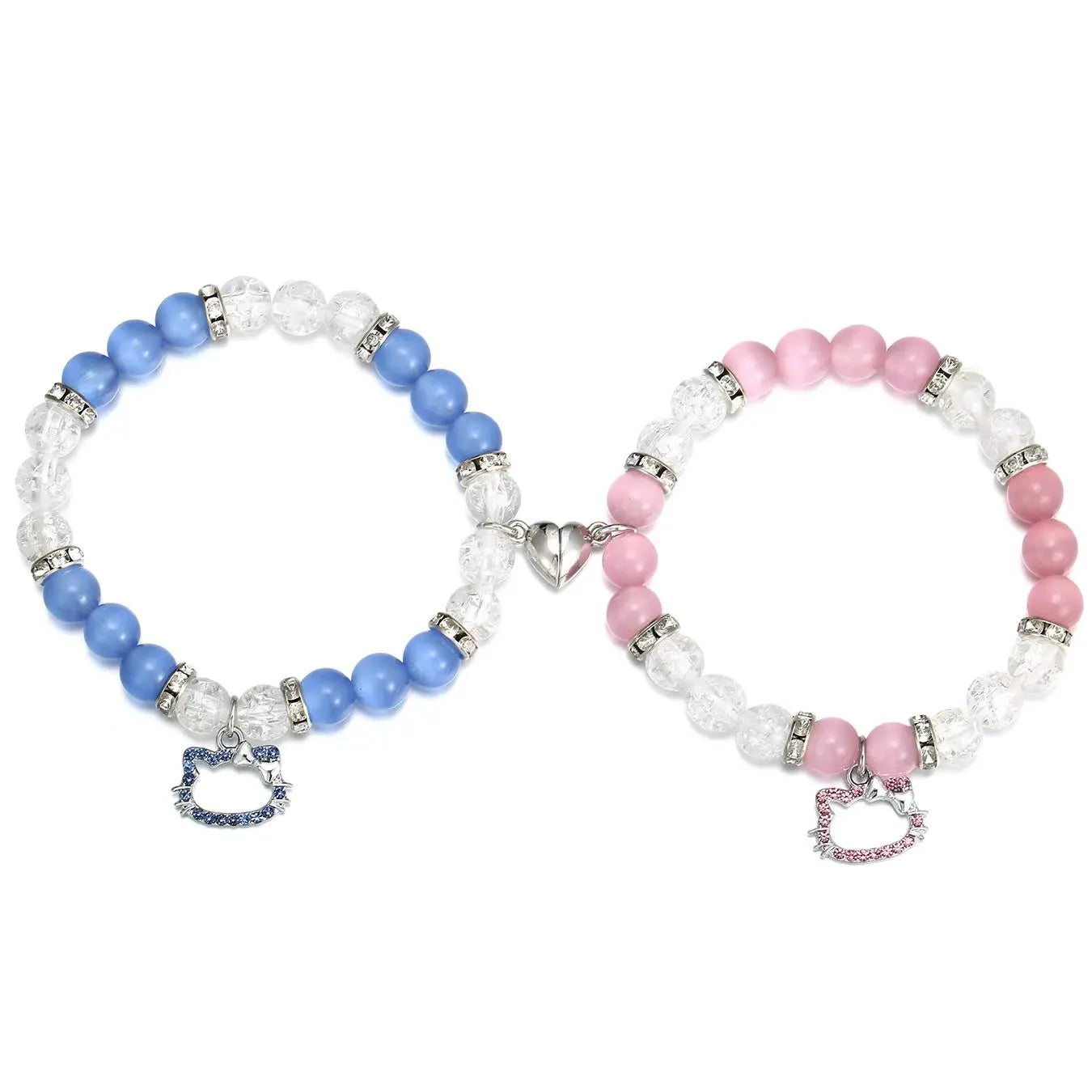 2 pcs of Blue and Pink Beads Cute cat Pendant Heart