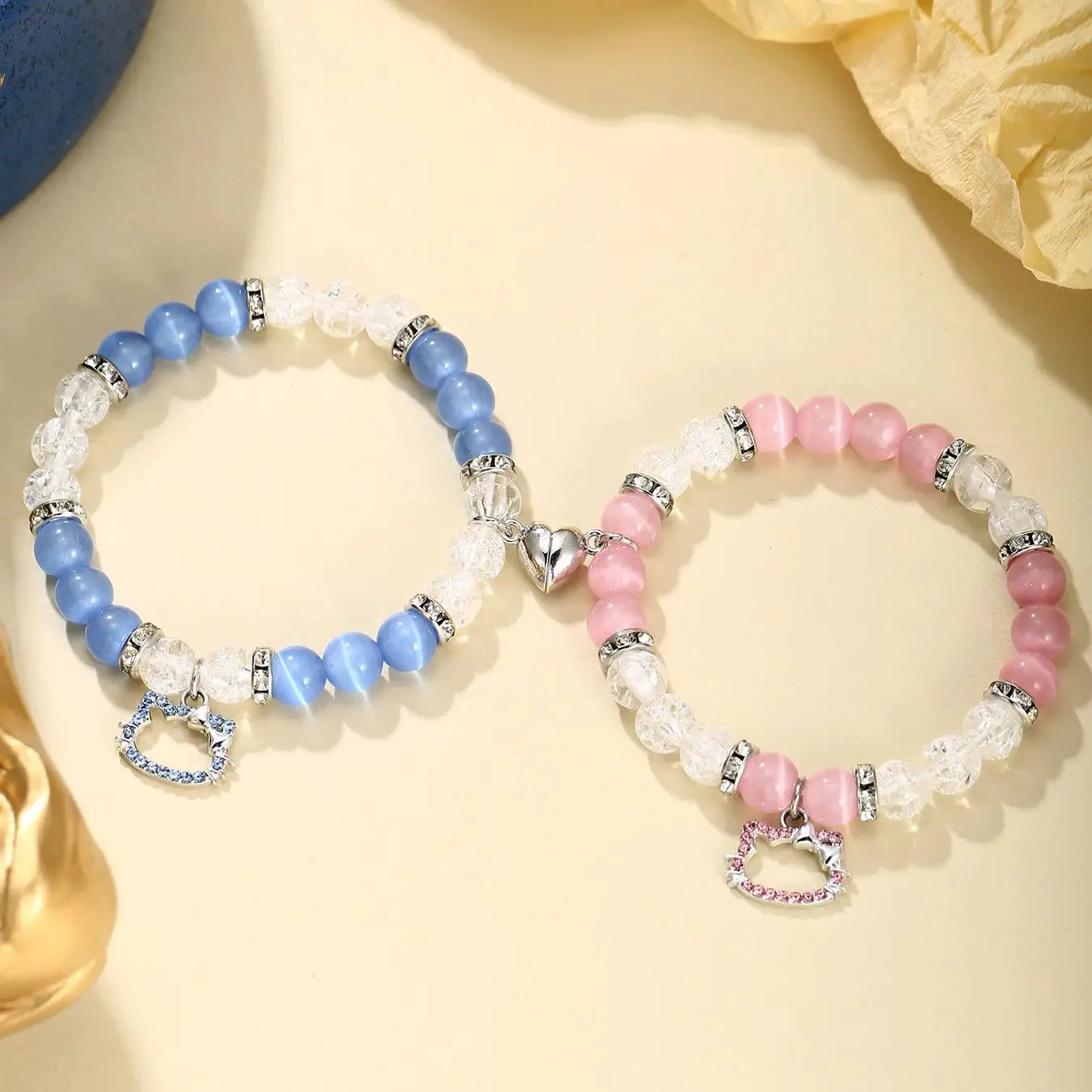 2 pcs of Blue and Pink Beads Cute cat Pendant Heart