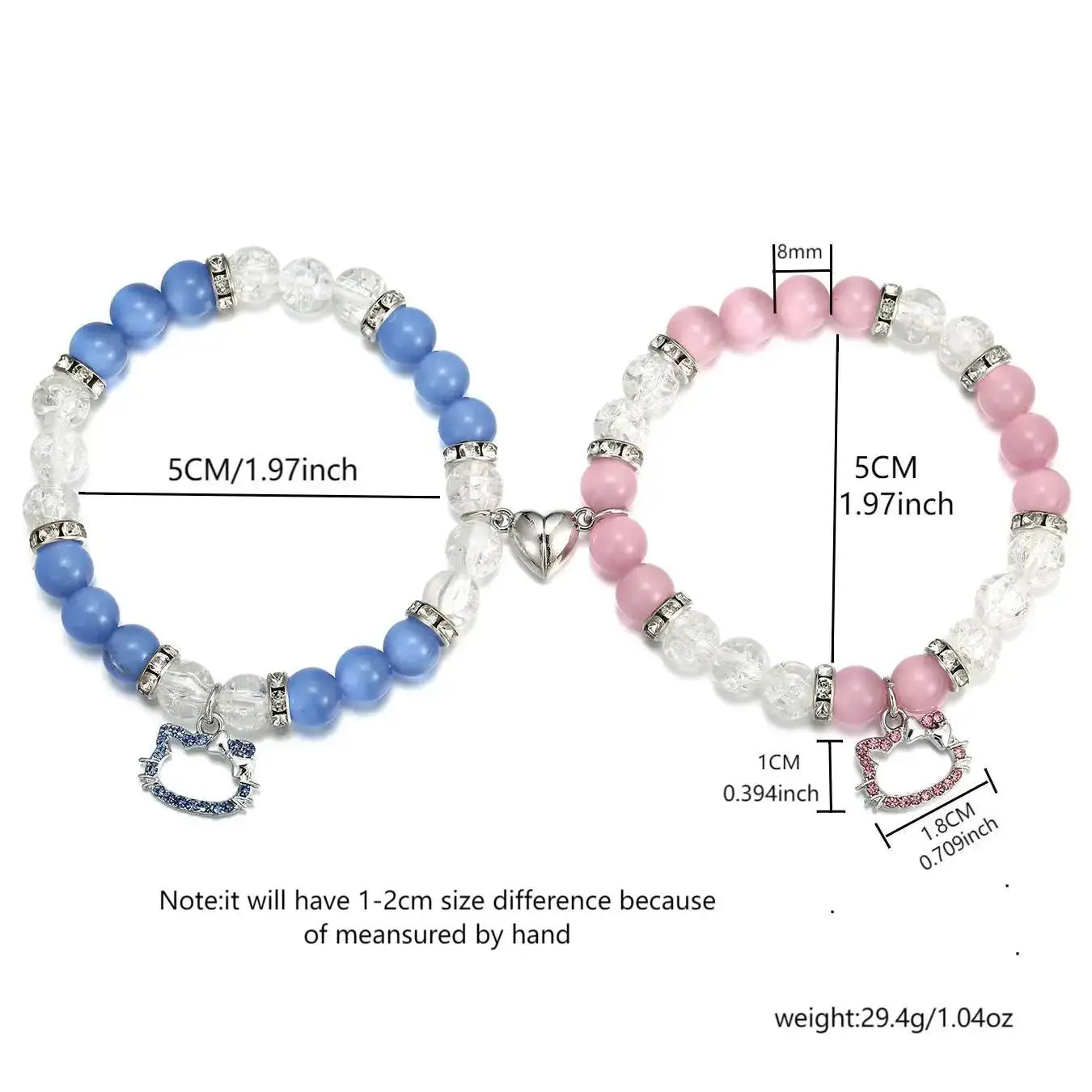 2 pcs of Blue and Pink Beads Cute cat Pendant Heart