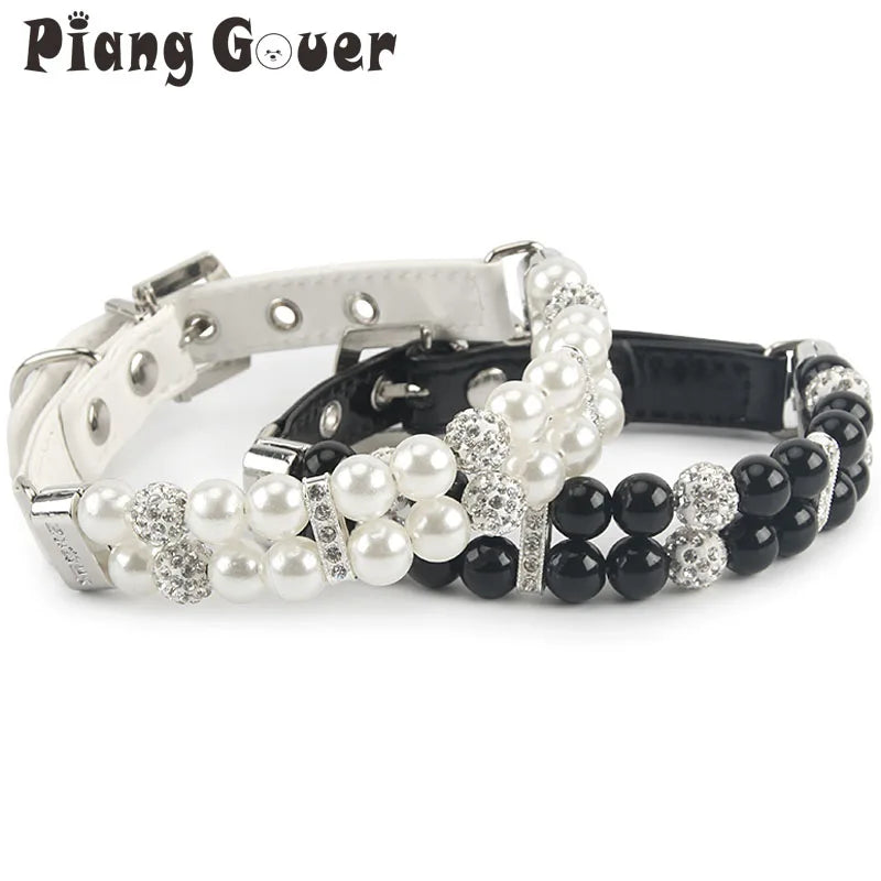 Pet Dog Pearl Collar PU Leather Necklace Artificial Pearl