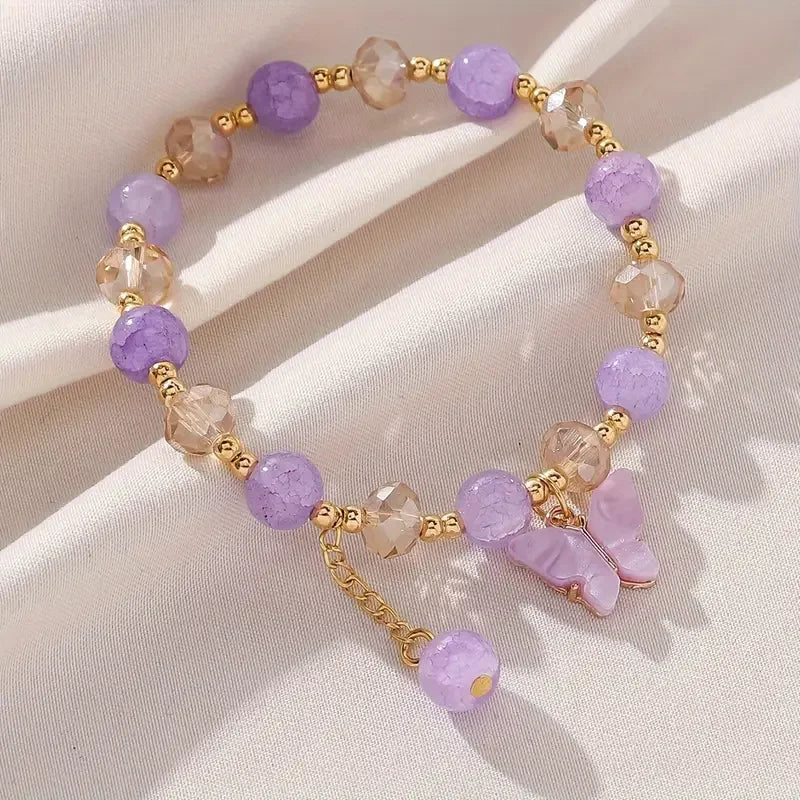 Purple Butterfly Charm Beaded Stretch Bracelet For Women