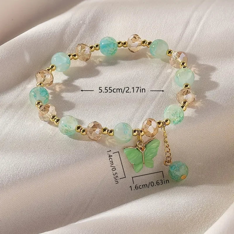 Purple Butterfly Charm Beaded Stretch Bracelet For Women