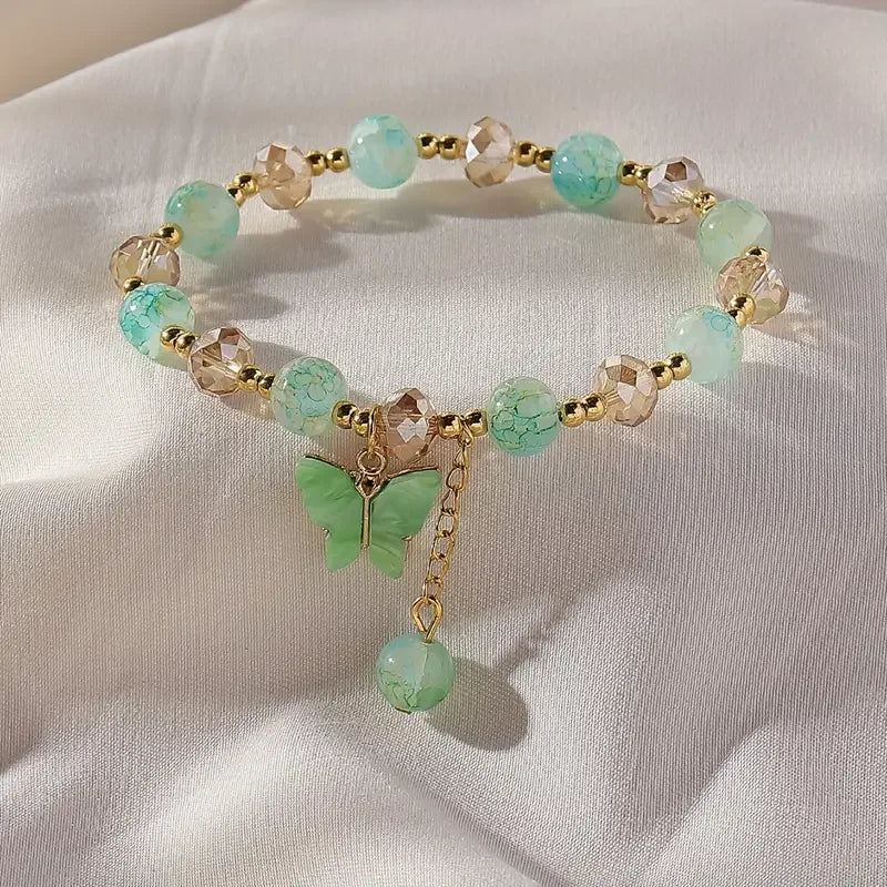 Purple Butterfly Charm Beaded Stretch Bracelet For Women
