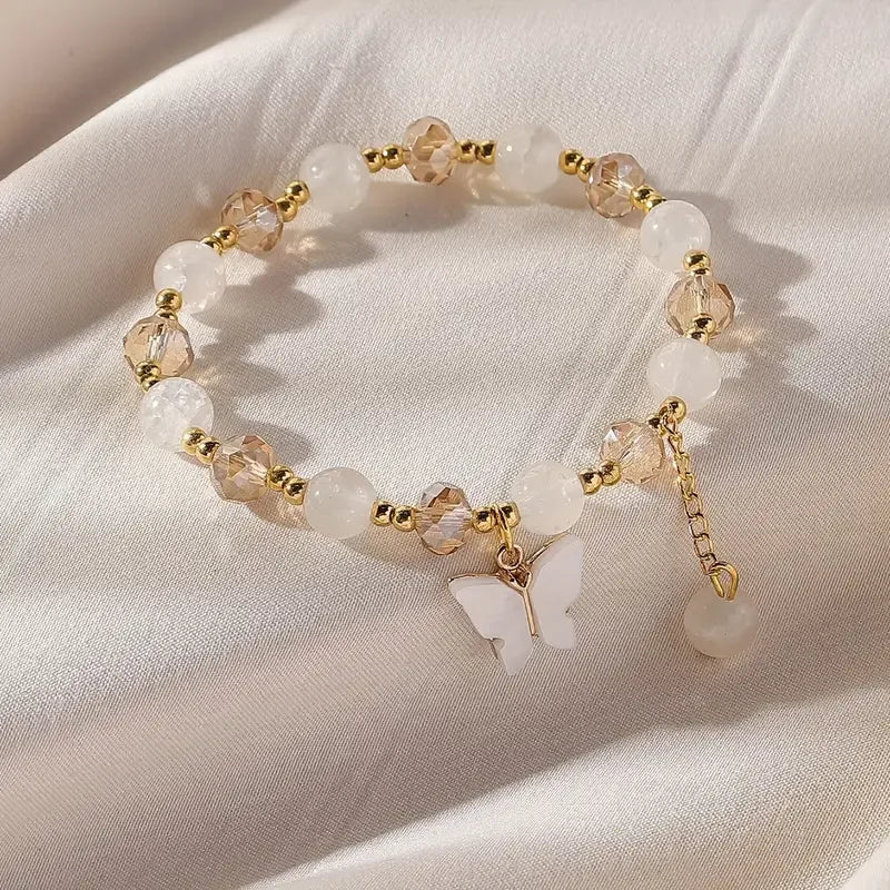 Purple Butterfly Charm Beaded Stretch Bracelet For Women