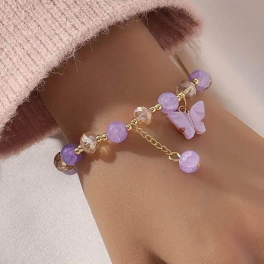 Purple Butterfly Charm Beaded Stretch Bracelet For Women
