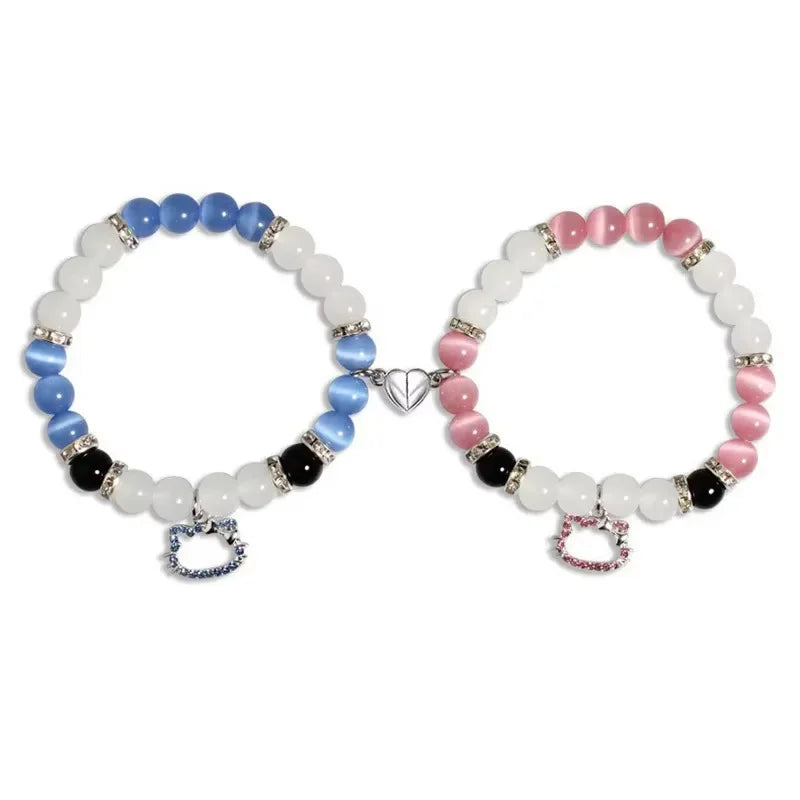 2 pcs of Blue and Pink Beads Cute cat Pendant Heart