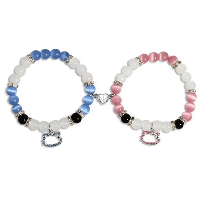 2 pcs of Blue and Pink Beads Cute cat Pendant Heart